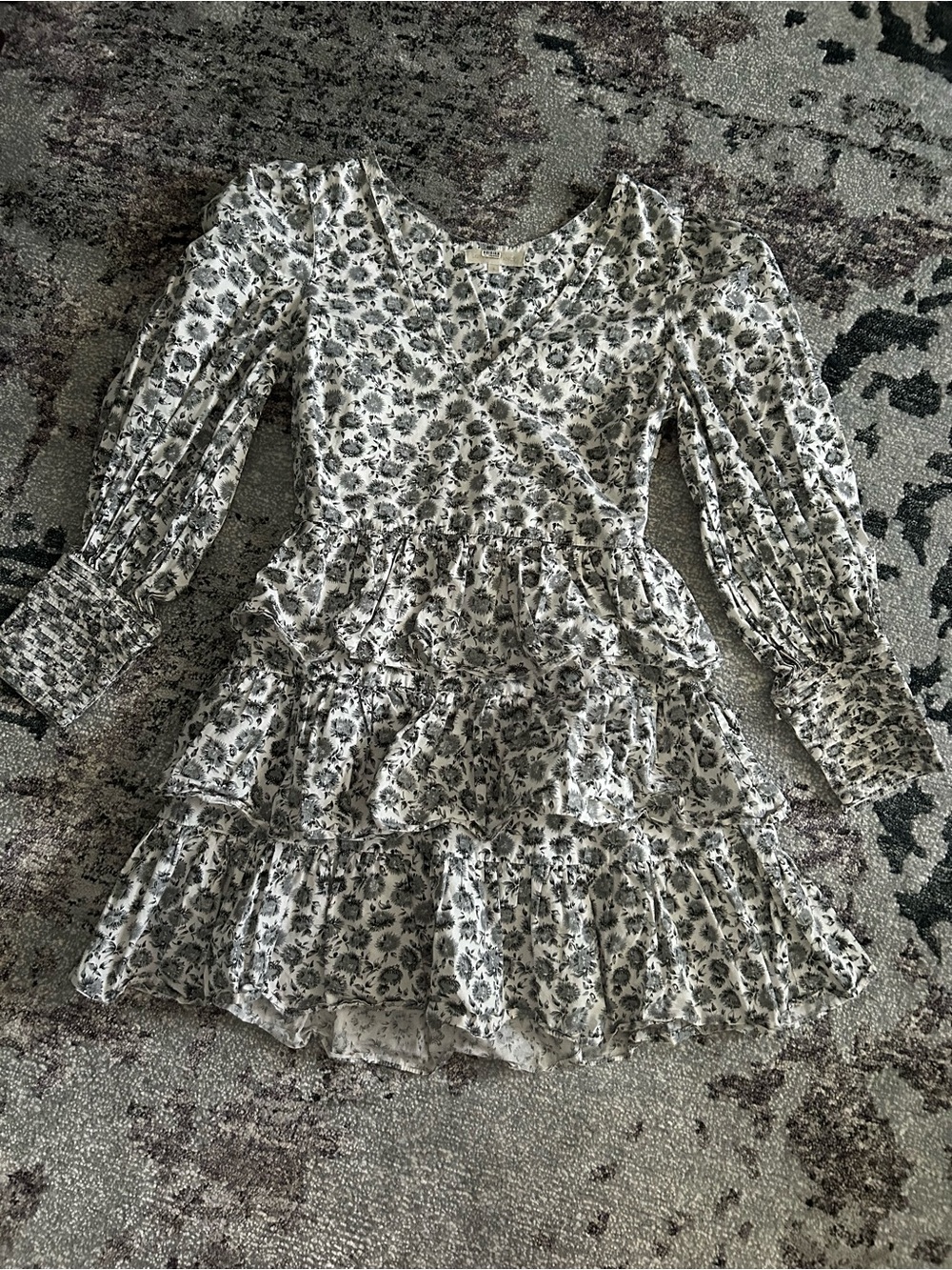 LoveShackFancy Floral Tiered Mini Dress in Cream and Black